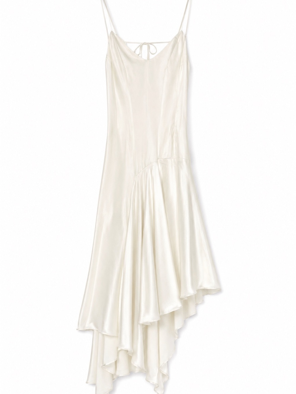 Ivory Satin Asymmetric Maxi Dress | Size S | Draped Handkerchief Hem